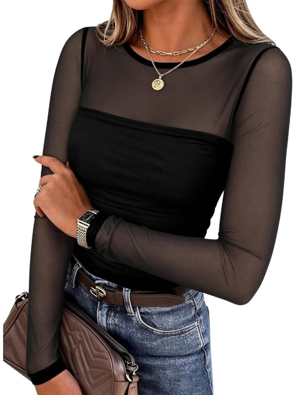 Women's Black Sheer Mesh Round Neck Long Sleeve Plain Hem Slim Dressy Blouse Top